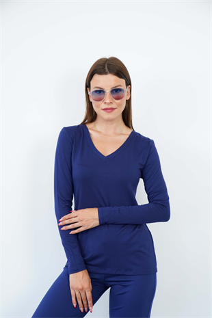 Yumuşak, Rahat ve Şık Viskon V Yaka Tişört-Lacivert