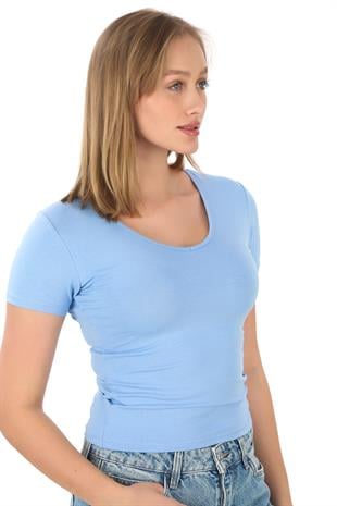 V Yaka Slim Fit Crop Tişört-Mavi