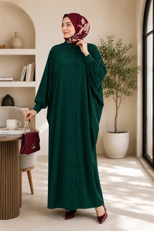 Kadın Sandy Tesettür Gömlek Elbise Abaya-Zümrüt Yeşil