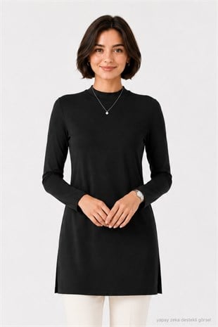 Premium Viskon Dik Yaka Uzun Tunik -Siyah