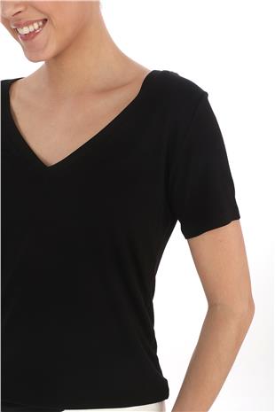 Viskon Dökümlü V Yaka Tişört-Siyah