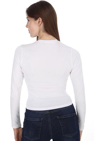 Likralı Pamuk Crop Tişört-Slim Fit -Beyaz