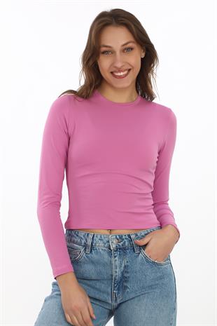 Likralı Pamuk Crop Tişört-Slim Fit -Koyu Pembe