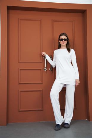 Viskon Tunik & Pantolon Takım-Beyaz