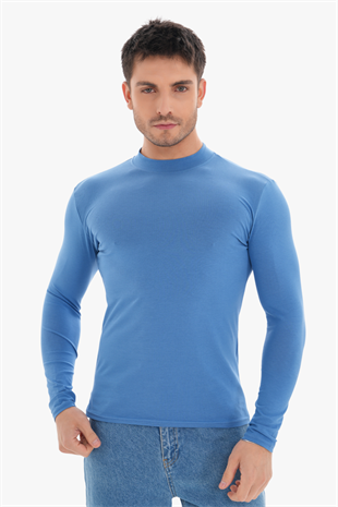 Erkek Dik Yaka Slim Fit Pamuk Likra Tişört-Koyu Mavi