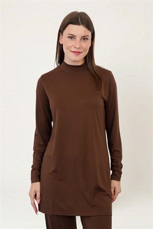 Viskon Dik Yaka Tunik-Kahverengi