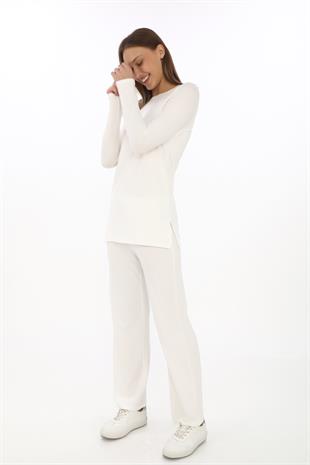 Bisiklet Yaka Viskon Tunik ve Pantolon Takım-Krem