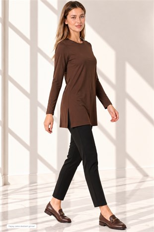 Premium Viskon Uzun Tunik-Kahve