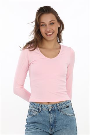 V Yaka Slim Fit Tişört-Toz Pembe