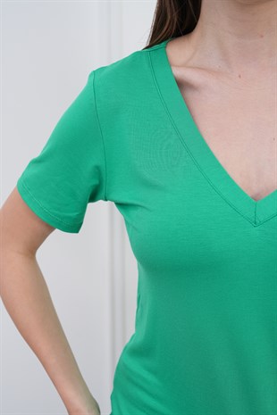 Viskon Dökümlü V Yaka Tişört-Yeşil