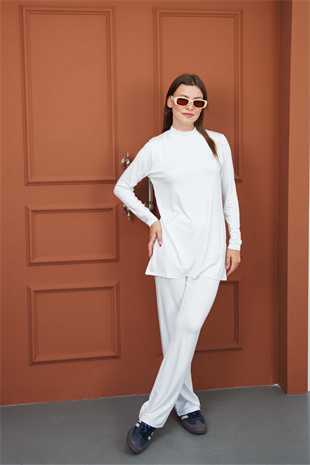 Viskon Tunik ve Pantolon Takım-Beyaz