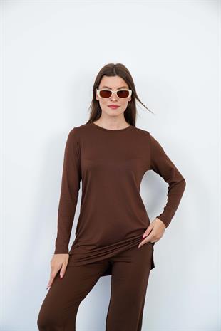 Kadın Viskon Full Likra Tunik-Kahve