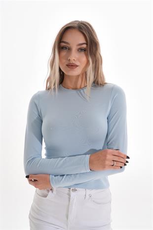 Likralı Pamuk Crop Tişört-Slim Fit -Açık Mavi