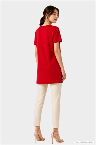 Viskon Kısa Kol Uzun Tunik-Kırmızı