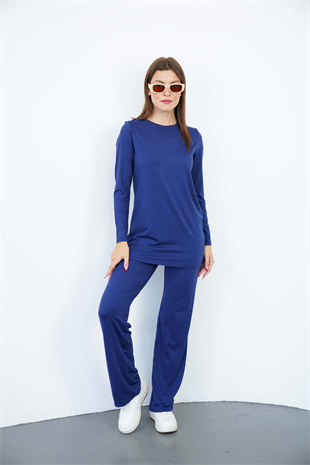 Bisiklet Yaka Viskon Tunik ve Pantolon Takım-Lacivert