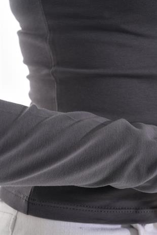 Likralı Pamuk Crop Tişört-Slim Fit -Füme