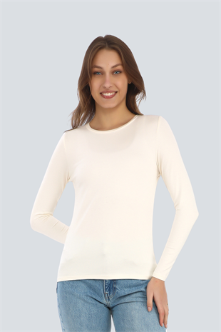 Kadın Zarif İnce Gösteren Viskon Tişört-Krem