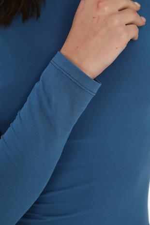 Likralı Pamuk Crop Tişört-Slim Fit -İndigo