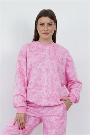 Valeria Kadın 3 İplik Şardonsuz Pamuk Oversize Bisiklet Yaka Sweatshirt-Pembe Baskılı