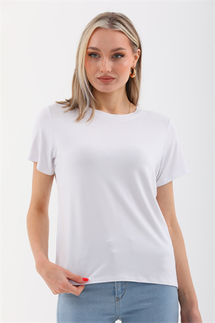 Viskon Dökümlü Tişört-Beyaz