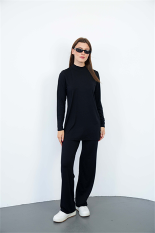 Dik Yaka Viskon Tunik ve Pantolon Takım-Siyah