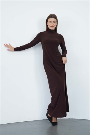 Dora Kadın Maxi Boy Balıkçı Yaka Sandy Elbise-Kahverengi