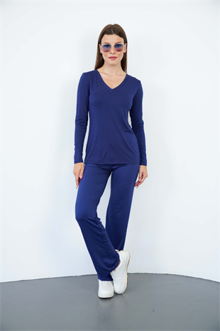 Yumuşak, Rahat ve Şık Viskon V Yaka Tişört-Lacivert