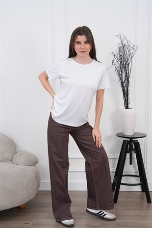 Viskon Dökümlü Tişört-Ekru