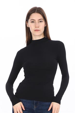 Kadın Modal Dik Yaka Slim Fit Tişört-Siyah