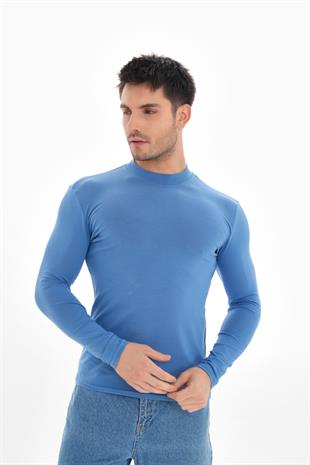 Erkek Dik Yaka Slim Fit Pamuk Likra Tişört-Koyu Mavi
