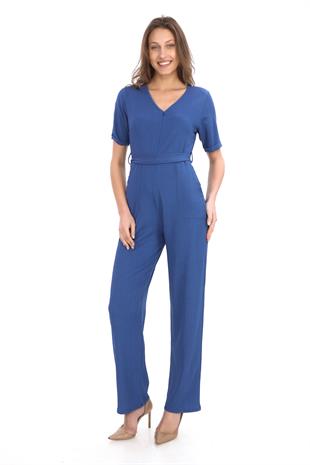 Kadın Krep Beli Kemerli ve Fermuarlı Tulum-İndigo