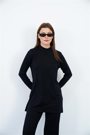 Dik Yaka Viskon Tunik ve Pantolon Takım-Siyah