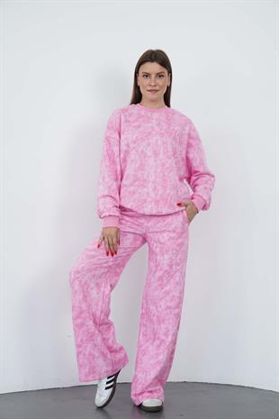 Oversize Sweatshirt & Geniş Paça Eşofman Altı Takım-Pembe Baskılı
