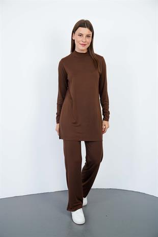 Viskon Dik Yaka Tunik-Kahverengi