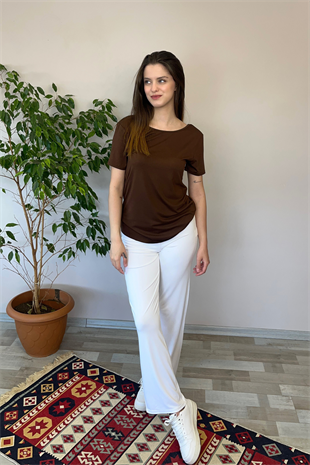 Sırt Dekolte Rahat Viskon Tunik-Kahverengi