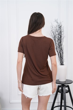 Viskon Dökümlü Tişört-Kahverengi