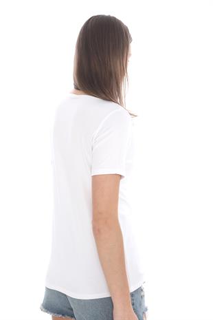 Viskon Dökümlü V Yaka Tişört-Beyaz