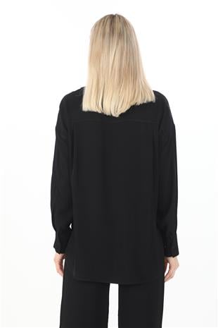 Flosh Viskon Oversize Gömlek-Siyah