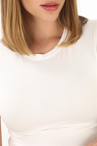 Crop Slim Fit Pamuk Likra Tişört-Ekru