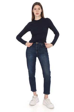 Likralı Pamuk Crop Tişört-Slim Fit-Lacivert