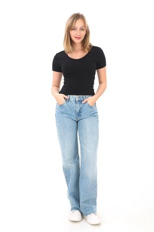 V Yaka Slim Fit Crop Tişört-Siyah