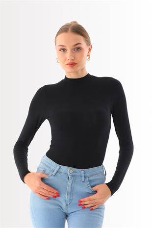 Kadın Viskon Boğazlı Çıtçıtlı Zıbın Body-Siyah