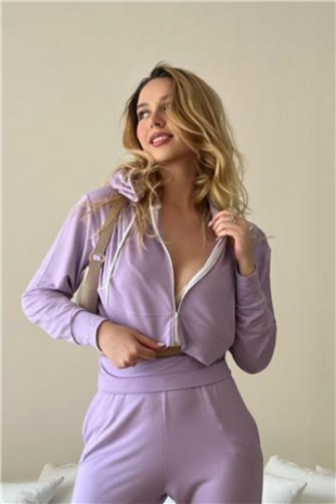 Kadın Viskon Kapşonlu Oversize Crop Sweatshirt-Lila