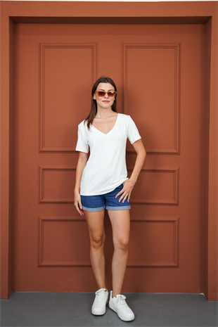 Viskon Dökümlü V Yaka Tişört-Ekru