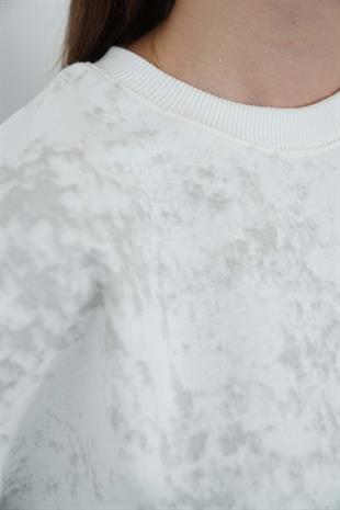Valeria Kadın 3 İplik Şardonsuz Pamuk Oversize Bisiklet Yaka Sweatshirt-Ekru-Gri Baskılı
