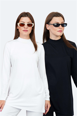 Viskon Dik Yaka Tunik 2li Satış-Siyah-Beyaz