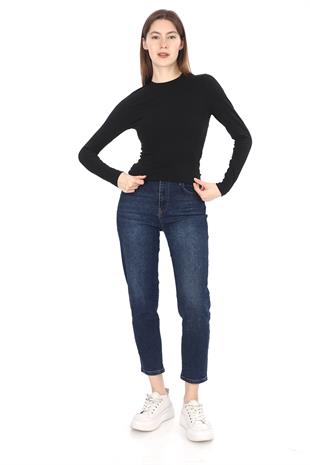 Likralı Pamuk Crop Tişört-Slim Fit-Siyah