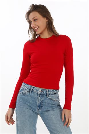 Likralı Pamuk Crop Tişört- Slim Fit-Kırmızı