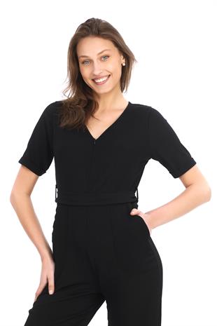 Kadın Krep Beli Kemerli ve Fermuarlı Tulum-Siyah