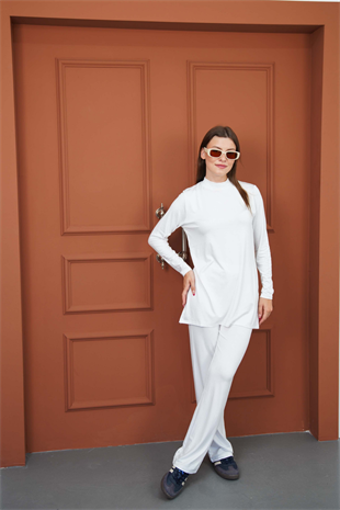 Viskon Dik Yaka Tunik -Beyaz